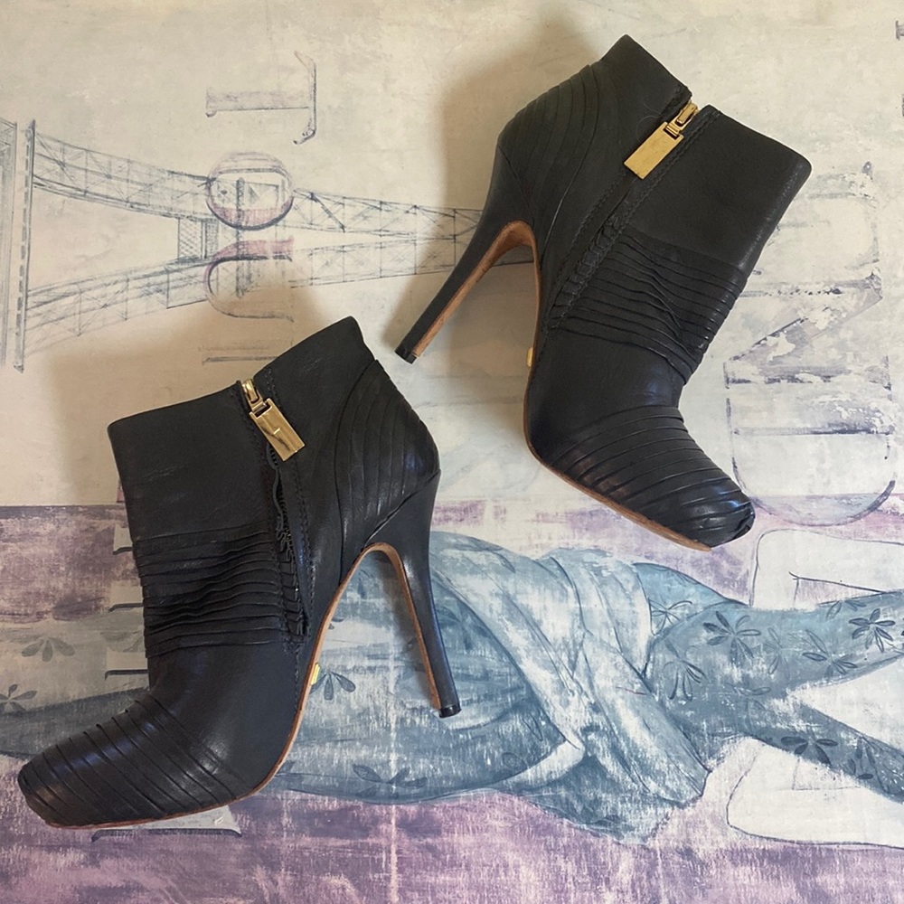 LAMB Leather Ruffle Bootie Heels